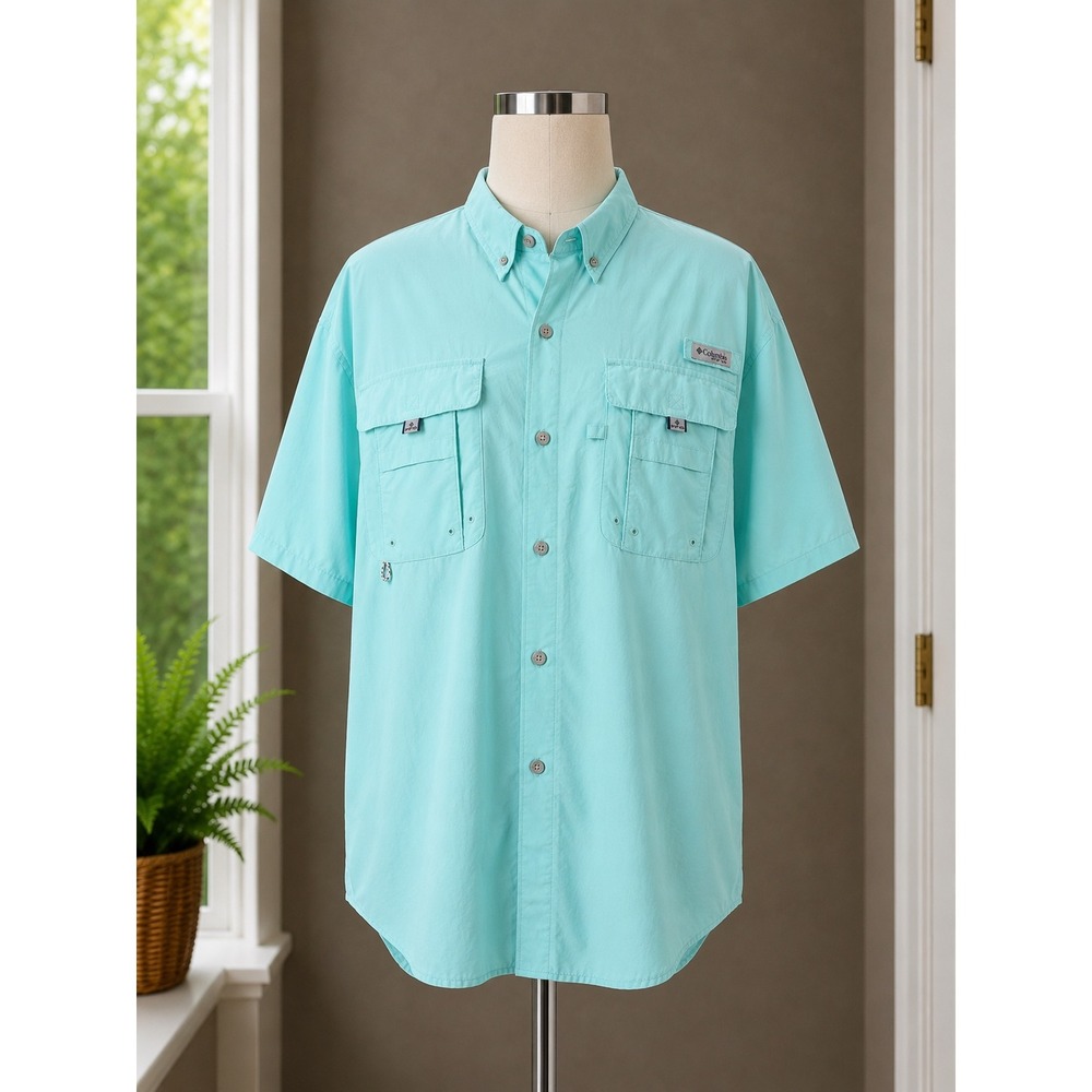 Columbia PFG Bahama II Fishing Shirt Mens XL Aqua Blue Short Sleeve FM7047